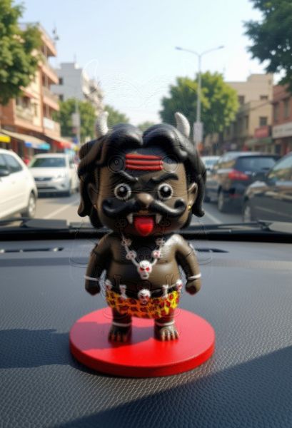 Nazarbattu figurine on a car dashboard in city traffic