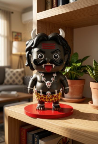 Nazarbattu figurine on a wooden bookshelf in a sunlit living room