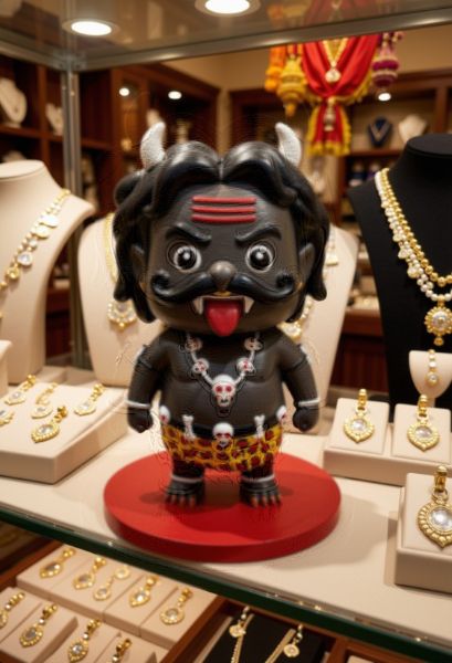 Nazarbattu figurine on the glass counter of a jewellery shop