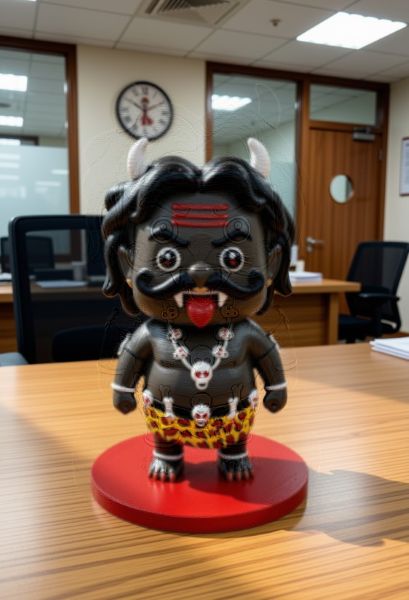 Nazarbattu figurine on a desk inside an office cabin