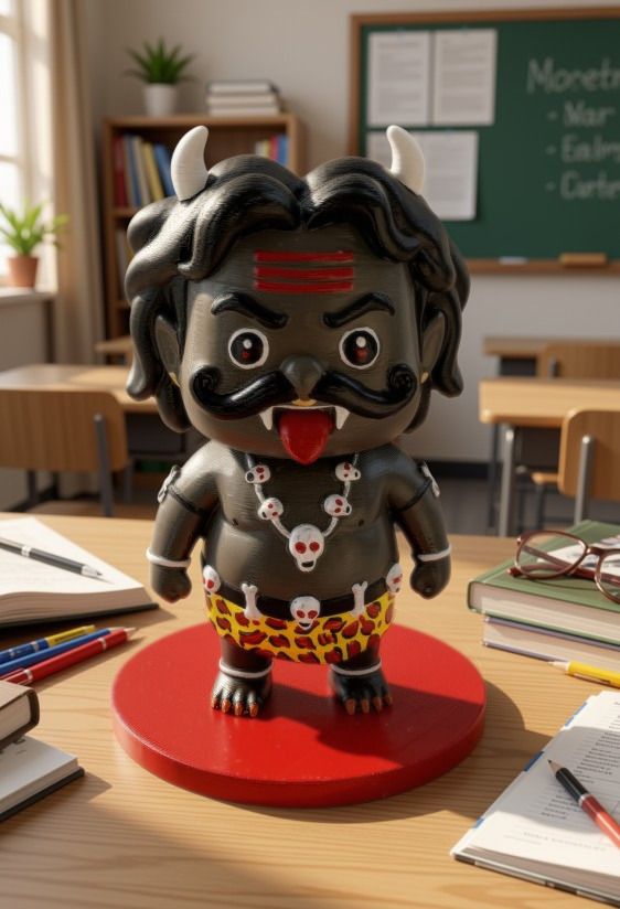 Nazarbattu figurine on a study table with books and pencils