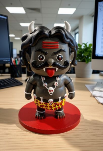 Nazarbattu figurine on an office workstation next to a computer
