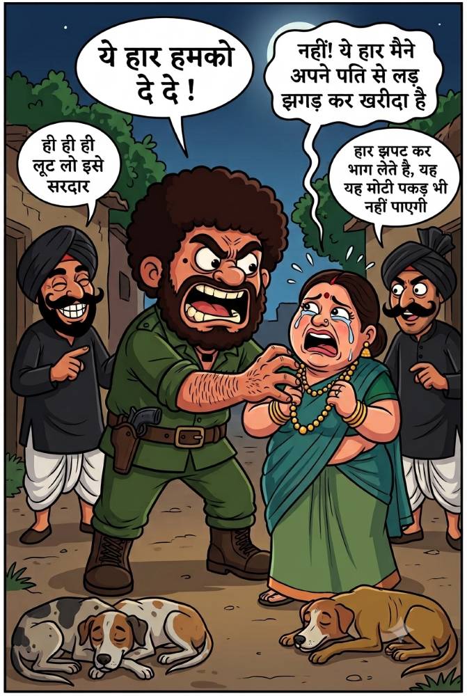 2D cartoon comic showing Daku Sambhar Singh angrily demanding a necklace from a crying woman in a green saree under moonlight, while his two henchmen encourage him and stray dogs rest nearby