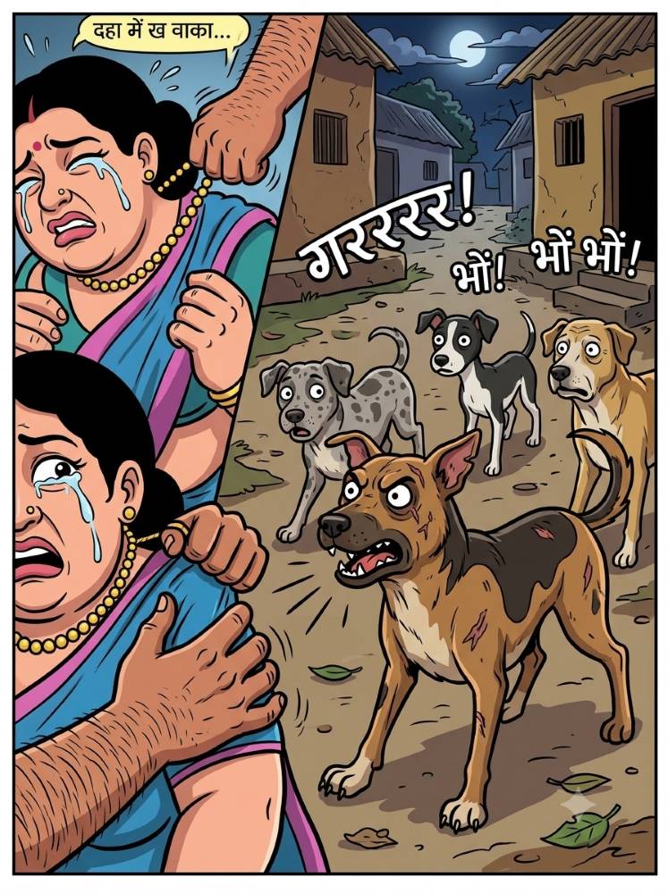 Comic panel close-up of a angry stray leader dog growling fiercely with bare teeth as Daku Sambhar Singh snatches the gold necklace from the sobbing woman