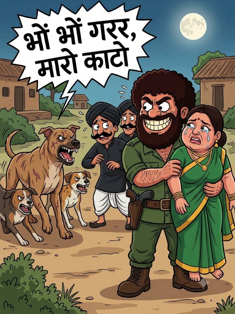 Comic panel showing a pack of aggressive street dogs snarling and charging at a terrified Daku Sambhar Singh and his hesitant henchmen.