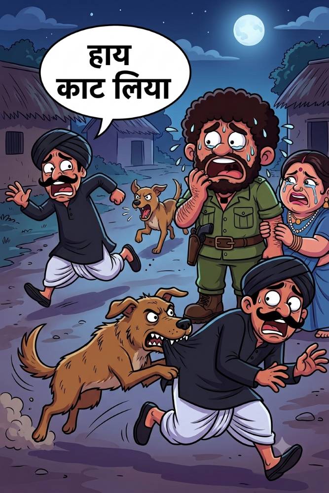 Comic scene where a stray dog bites a screaming henchman's dhoti while Daku Sambhar Singh and his gang panic and run in fear.