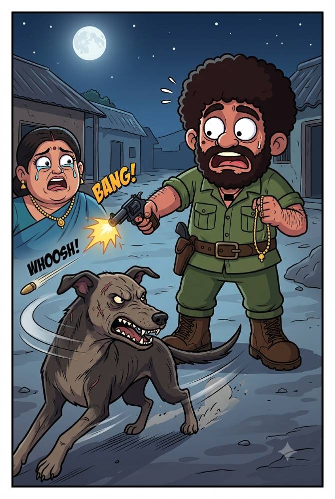 Comic illustration of Daku Sambhar Singh holding the stolen necklace, firing his revolver in terror as a fierce street dog leaps past him.
