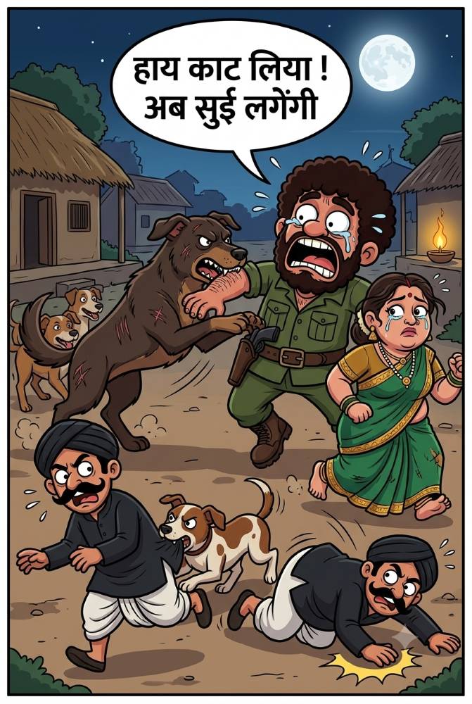 Comic panel depicting a stray dog biting Daku Sambhar Singh's arm as he screams in pain about needing vaccine injections, while his henchmen get chased in the background.