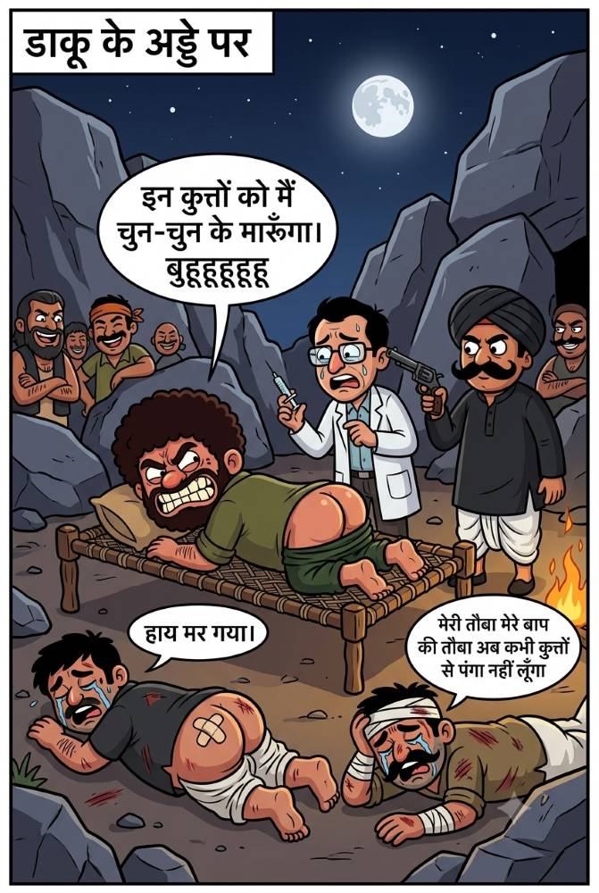Final comic panel set at the dacoit camp at night, showing Daku Sambhar Singh lying face down on a cot with his pants down while a terrified kidnapped doctor prepares an anti-rabies injection, held at gunpoint by a henchman, as wounded bandits lie crying on the ground.