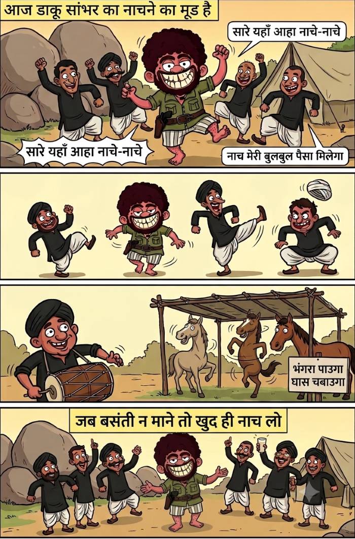 Four-panel Hindi comic strip showing a funny dacoit chief Daku Sambhar Singh dancing with his henchmen and horses near boulders and tents in a lively badlands scene.