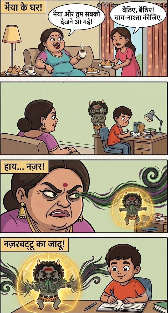 4-panel comic strip showing a Nazarbattu collectible figurine absorbing jealous evil eye energy from a visiting aunty to protect a studying boy, by IndiaBobbles.